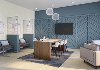 Resident e-lounge with coffee bar, game room & coworking stations